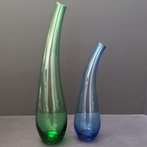Limited Edition, Retired Set Of 2 Ikea Blue/Green Swung Glass Handblown Vases.